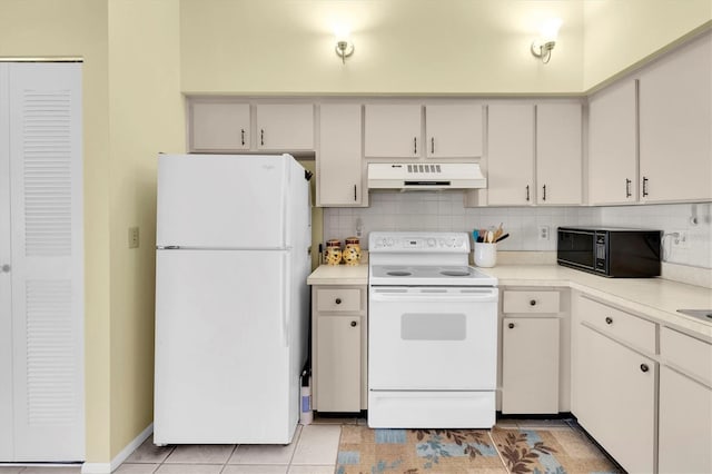 kitchen featuring tasteful backsplash, white appliances, light countertops, and under cabinet range hood