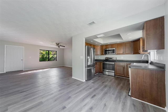 kitchen featuring ceiling fan, stainless steel appliances, sink, and light wood-type flooring