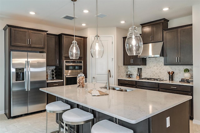 kitchen with a kitchen bar, sink, hanging light fixtures, a center island with sink, and stainless steel appliances