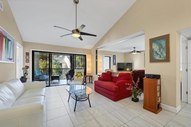 living room with light tile patterned flooring, high vaulted ceiling, and ceiling fan