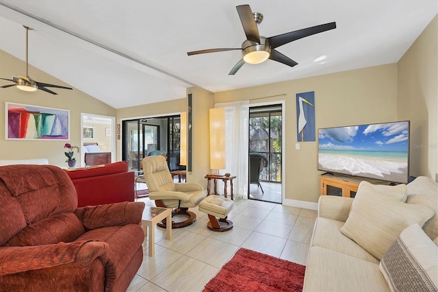 tiled living room with lofted ceiling and ceiling fan