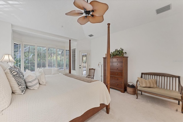 bedroom featuring lofted ceiling, light colored carpet, visible vents, ceiling fan, and access to outside