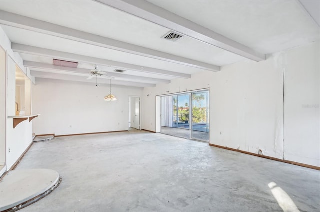 empty room with beam ceiling, concrete flooring, and ceiling fan