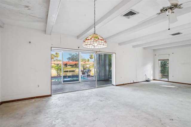 empty room with ceiling fan, concrete flooring, and beamed ceiling