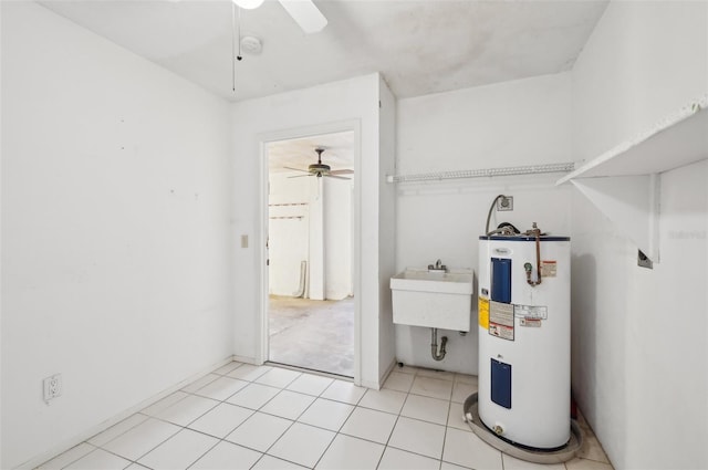 laundry room with light tile patterned floors, sink, electric water heater, and ceiling fan