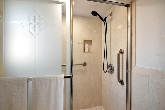 bathroom featuring a shower with shower door