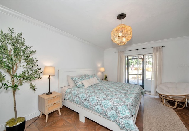 bedroom with an inviting chandelier, parquet floors, crown molding, and access to exterior