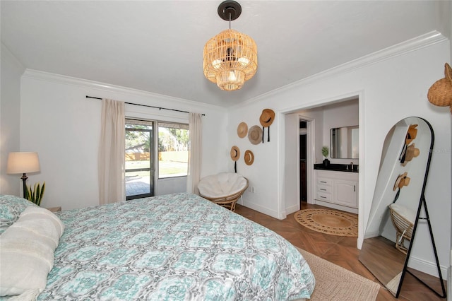 bedroom with parquet floors, ornamental molding, and a chandelier