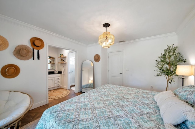 bedroom with crown molding, dark parquet flooring, and a notable chandelier