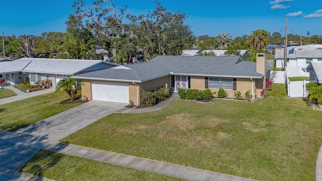 ranch-style home with a garage and a front yard