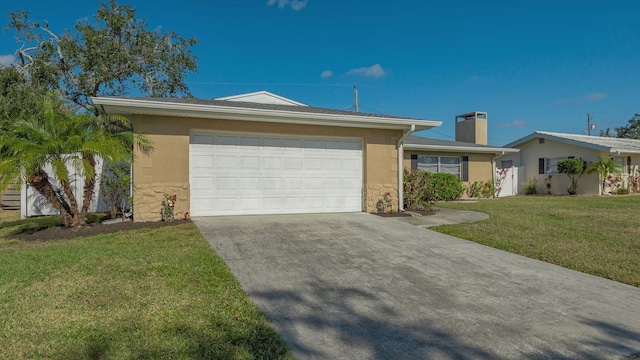 ranch-style home with a garage and a front yard