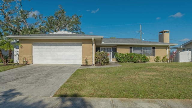 ranch-style home featuring a garage and a front yard