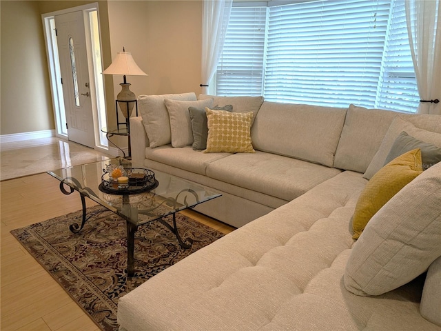 living area featuring baseboards and wood finished floors