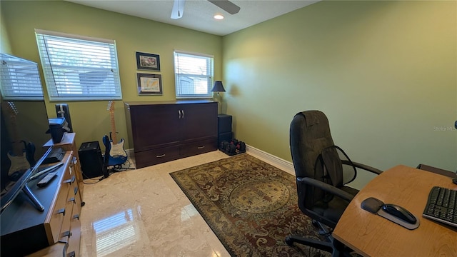 office area with ceiling fan, recessed lighting, and baseboards