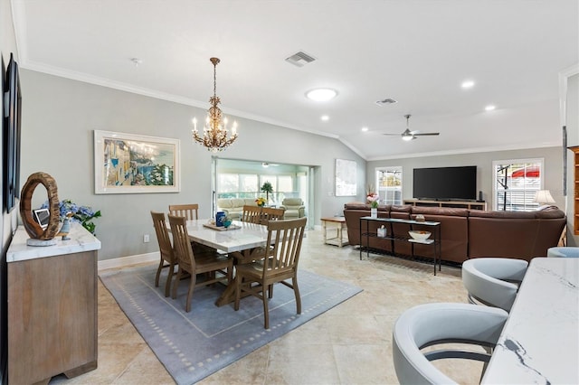 tiled dining room with ornamental molding, vaulted ceiling, and ceiling fan with notable chandelier