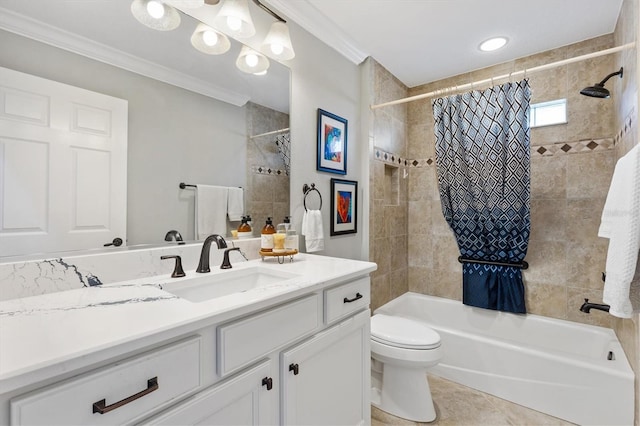 full bathroom featuring tile patterned floors, toilet, ornamental molding, vanity, and shower / bath combo with shower curtain