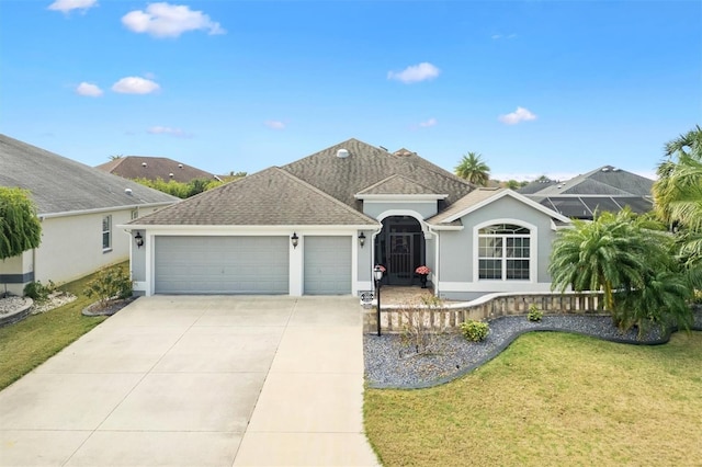 single story home featuring a garage and a front yard