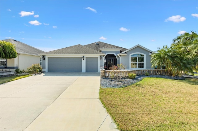 ranch-style house with a garage and a front lawn