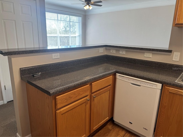 kitchen with ornamental molding, ceiling fan, white dishwasher, and kitchen peninsula