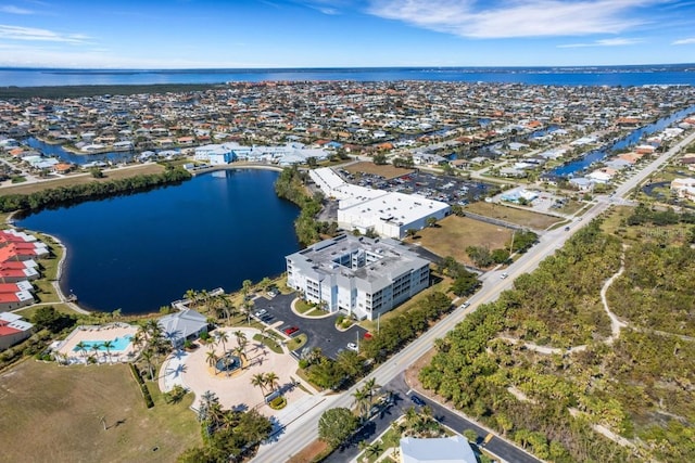 drone / aerial view featuring a water view