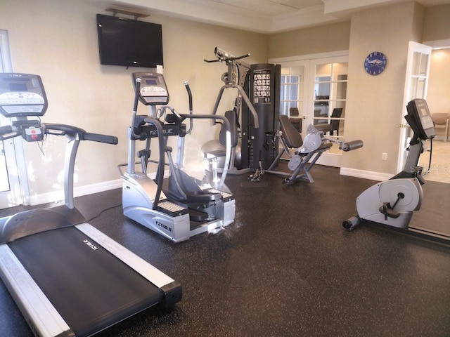 workout area featuring french doors