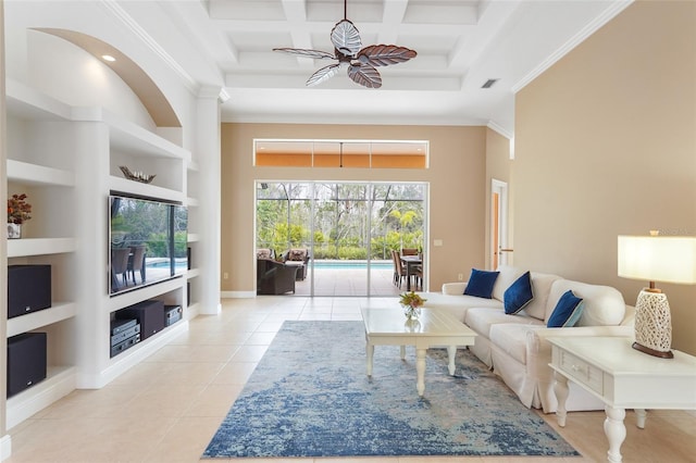 tiled living room with built in shelves, a high ceiling, coffered ceiling, visible vents, and crown molding