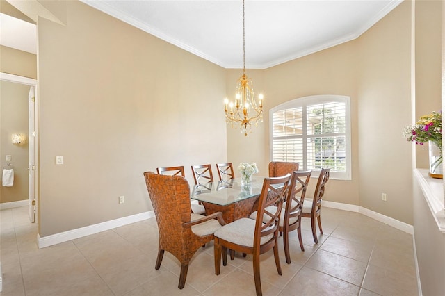 dining space with baseboards, a chandelier, crown molding, and light tile patterned flooring