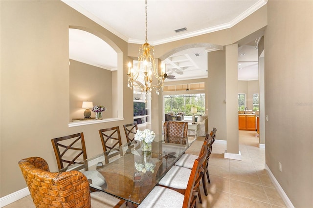 tiled dining room featuring baseboards, coffered ceiling, visible vents, ornamental molding, and a chandelier