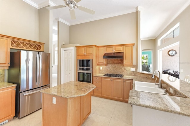 kitchen with appliances with stainless steel finishes, ornamental molding, a sink, a peninsula, and under cabinet range hood