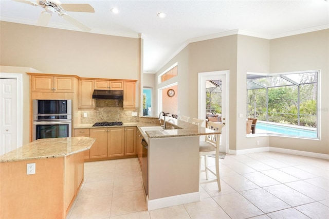 kitchen featuring stainless steel appliances, light brown cabinetry, a sink, and under cabinet range hood