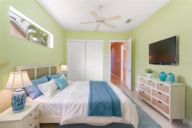 bedroom featuring baseboards, a closet, visible vents, and a ceiling fan