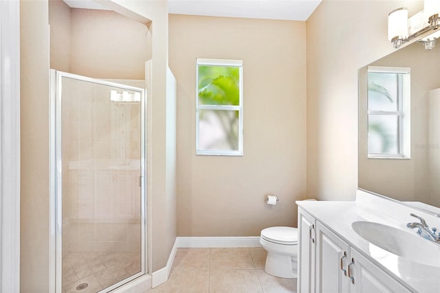 bathroom featuring tile patterned flooring, a shower stall, vanity, and baseboards