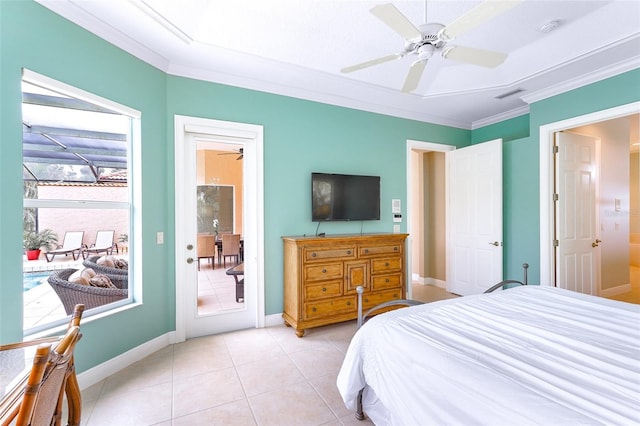 bedroom featuring light tile patterned floors, visible vents, baseboards, access to exterior, and crown molding