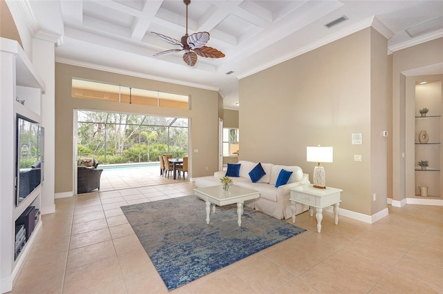 living room featuring baseboards, visible vents, a towering ceiling, a sunroom, and light tile patterned flooring