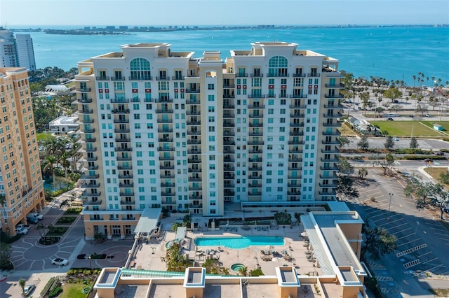 birds eye view of property featuring a water view