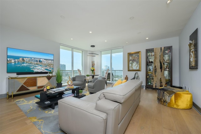 living room featuring expansive windows and light hardwood / wood-style floors