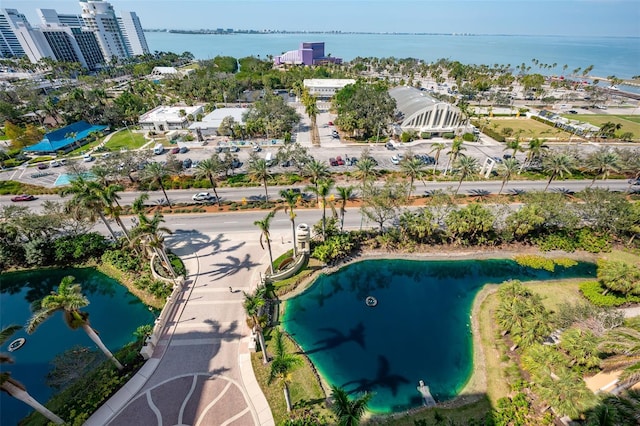 drone / aerial view with a water view