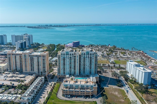 bird's eye view with a water view