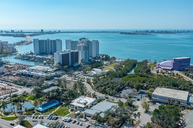 bird's eye view with a water view