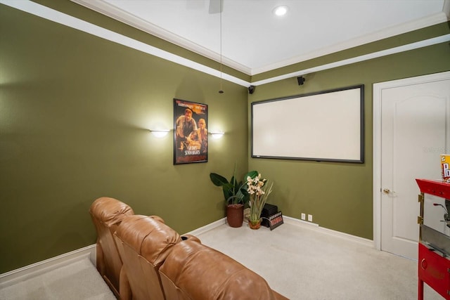 cinema with baseboards, carpet flooring, and crown molding