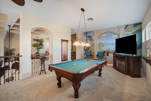 game room with arched walkways, light colored carpet, visible vents, billiards, and baseboards