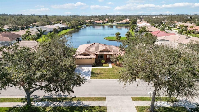 bird's eye view with a water view