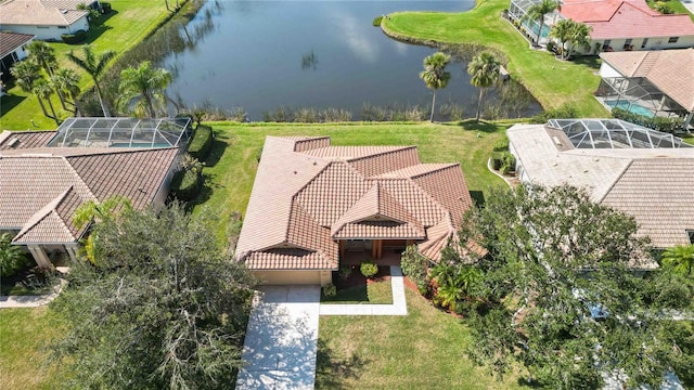 drone / aerial view featuring a water view