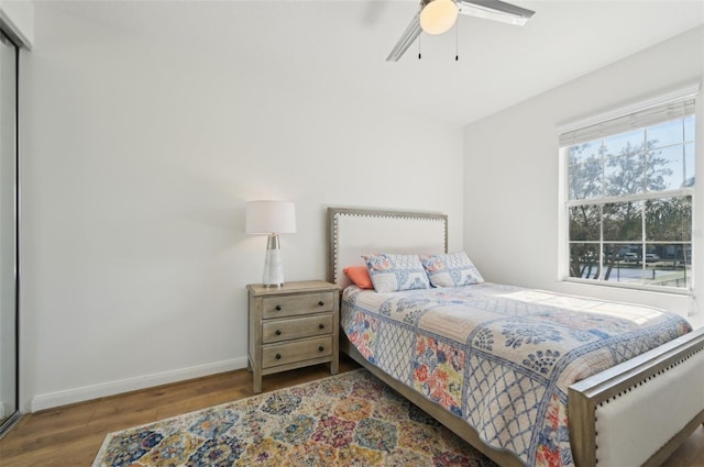 bedroom with dark hardwood / wood-style floors and ceiling fan