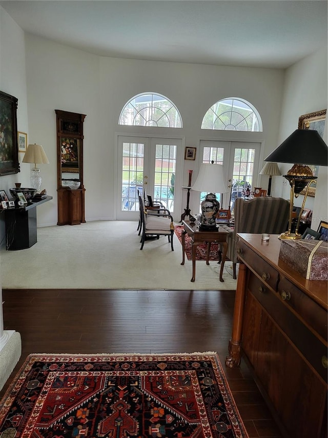 living room with dark hardwood / wood-style flooring and french doors