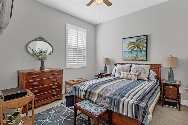 bedroom featuring carpet flooring, ceiling fan, and baseboards