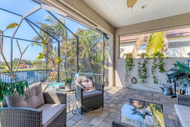 view of patio / terrace featuring a lanai and outdoor lounge area