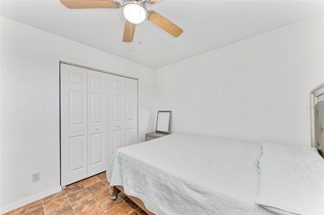 bedroom featuring ceiling fan and a closet