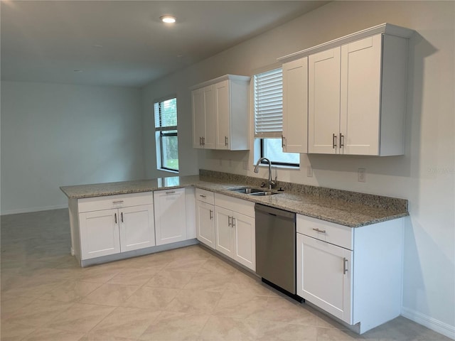 kitchen featuring dishwasher, sink, white cabinets, and kitchen peninsula