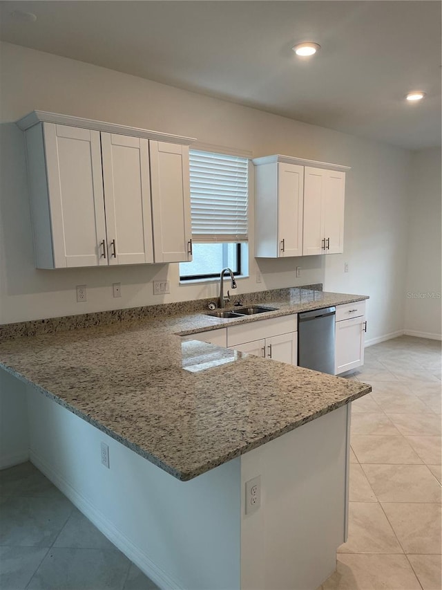 kitchen featuring sink, white cabinetry, stone countertops, dishwashing machine, and kitchen peninsula